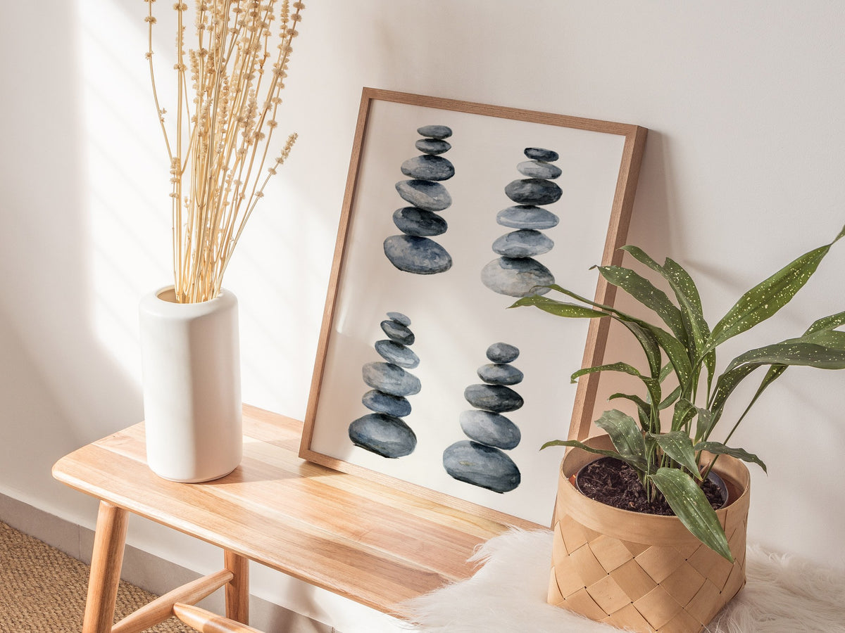 Four Stone Arrangements Poster | Gray and Blue-Gray Japanese Watercolor Art Print | Minimalist Wall Art — styled in an interi