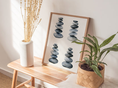 Four Stone Arrangements Poster | Gray and Blue-Gray Japanese Watercolor Art Print | Minimalist Wall Art — styled in an interi