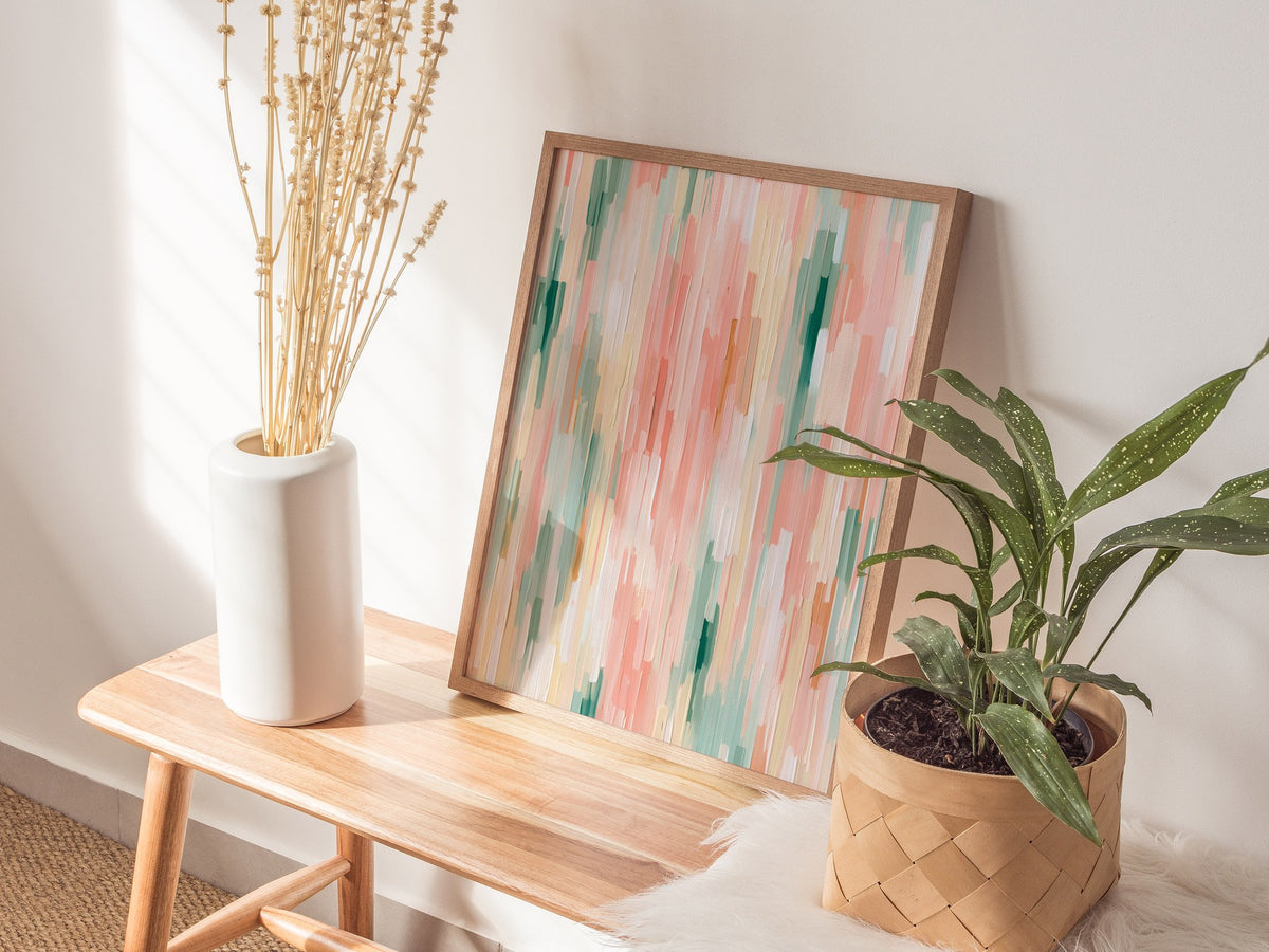 Drifting Color Fields Poster | Rose and Sage Oil Painting Art Print | Minimalist Wall Art — styled in an interior