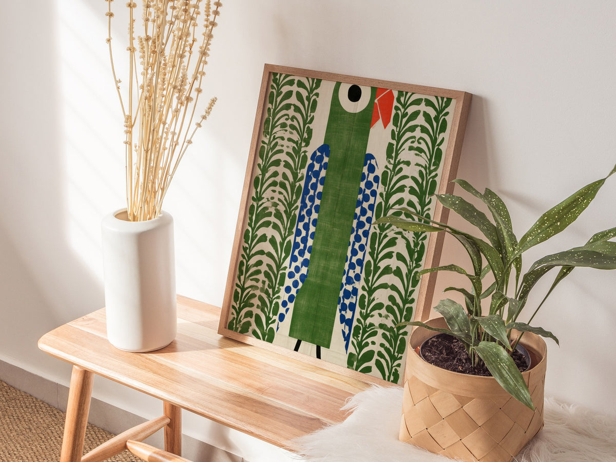 parrot-in-green Poster | Emerald and Jade Flat Design Art Print | Modern Minimal Wall Art — styled in an interior