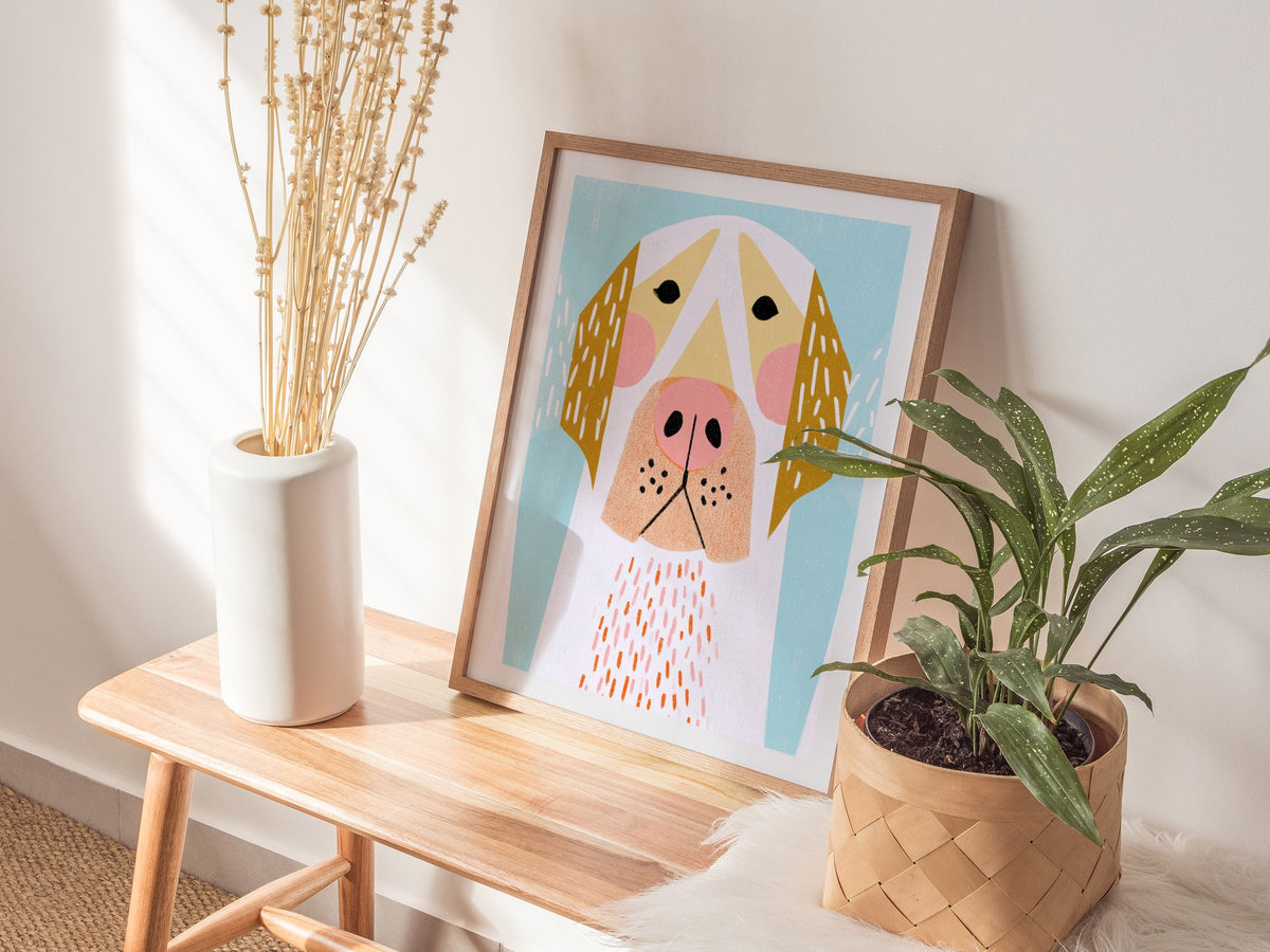Golden Ears Poster | Mustard and Pink Illustrative Art Print | Kids Room Wall Art — styled in an interior