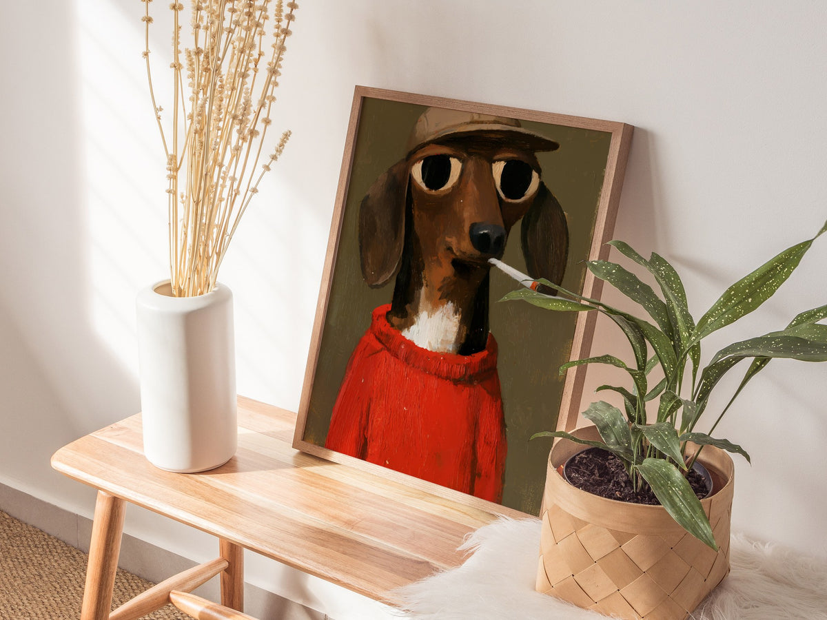Dachshund In Red Poster | Red and Olive Oil Painting Art Print | Folk Art Wall Art — styled in an interior