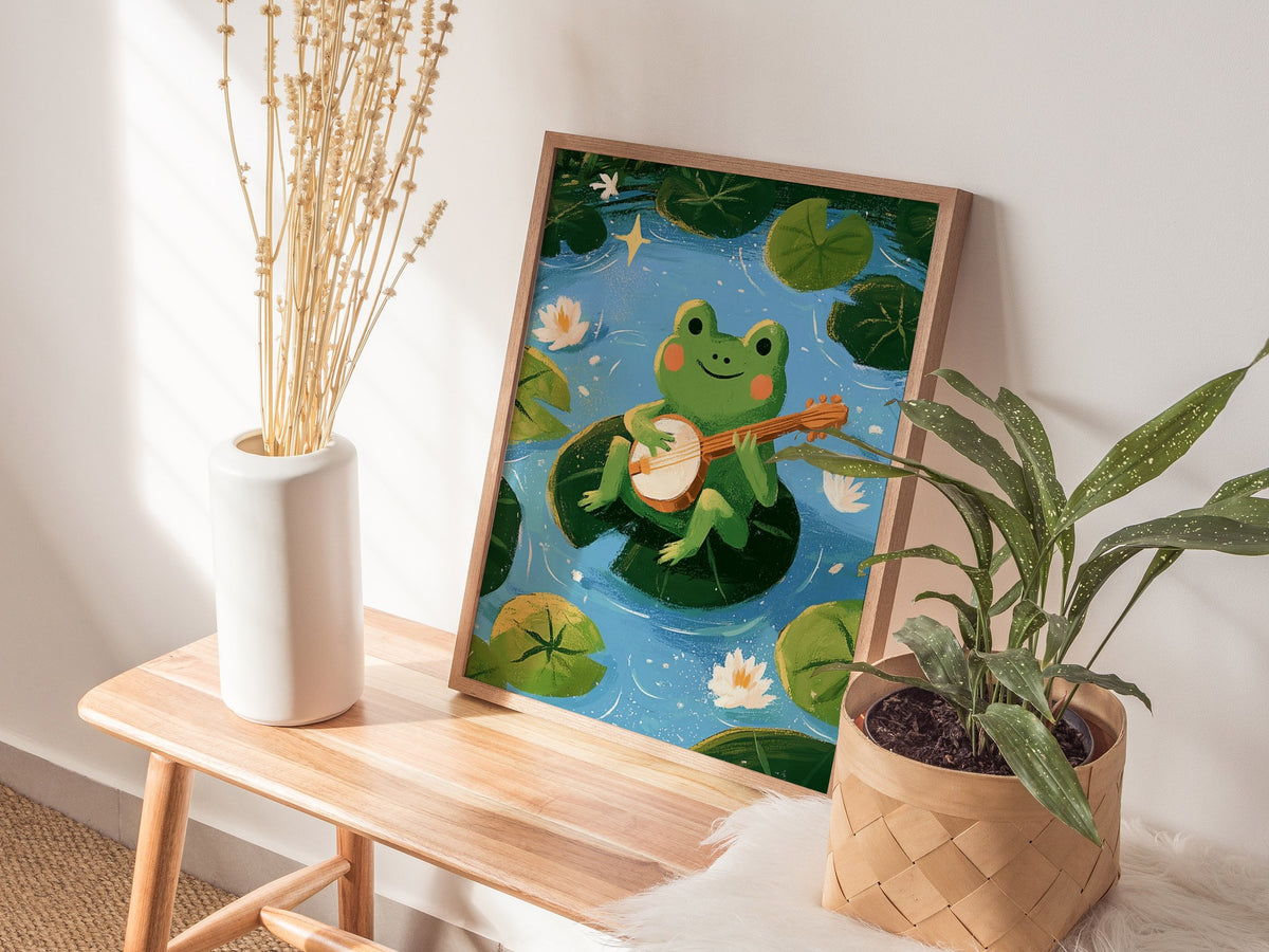 Frog Plays Banjo Poster | Lime and Teal Cute Art Print | Kids Room Wall Art — styled in an interior