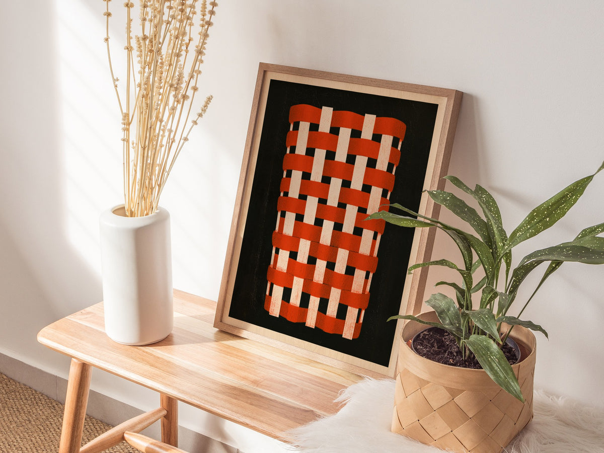 Woven Basket Icon Poster | Burnt Orange Screen Print Art Print | Kitchen Wall Art — styled in an interior