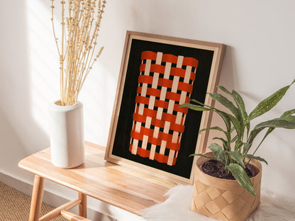 Woven Basket Icon Poster | Burnt Orange Screen Print Art Print | Kitchen Wall Art — styled in an interior