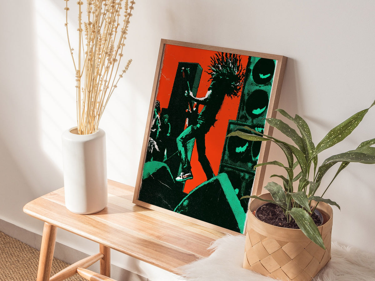 Guitarist Leaves Ground Poster | Orange and Green Screen Print Art Print | Music Lover Wall Art — styled in an interior
