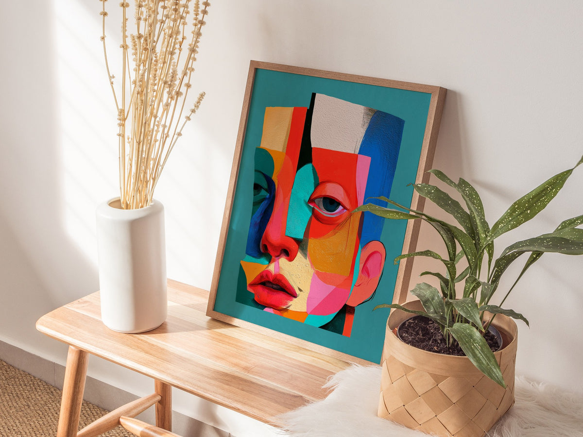 Split Face Mosaic Poster | Teal and Coral Illustrative Art Print | Modern Portrait Wall Art — styled in an interior