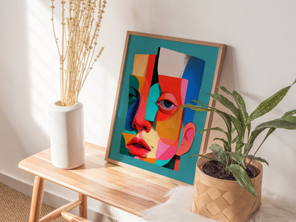 Split Face Mosaic Poster | Teal and Coral Illustrative Art Print | Modern Portrait Wall Art — styled in an interior