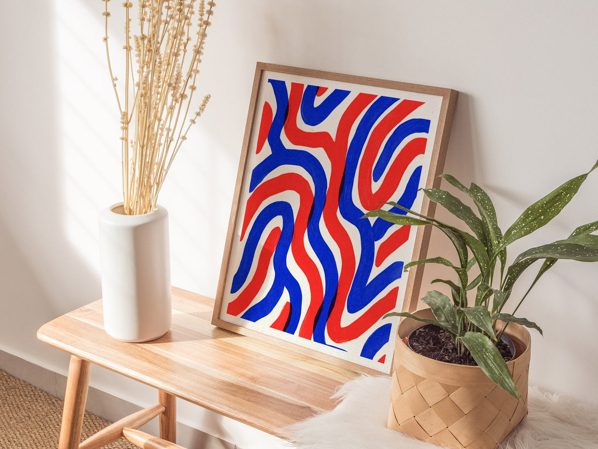 Woven Currents Poster | Coral and Cobalt Abstract Art Print | Modern Coastal Wall Art — styled in an interior