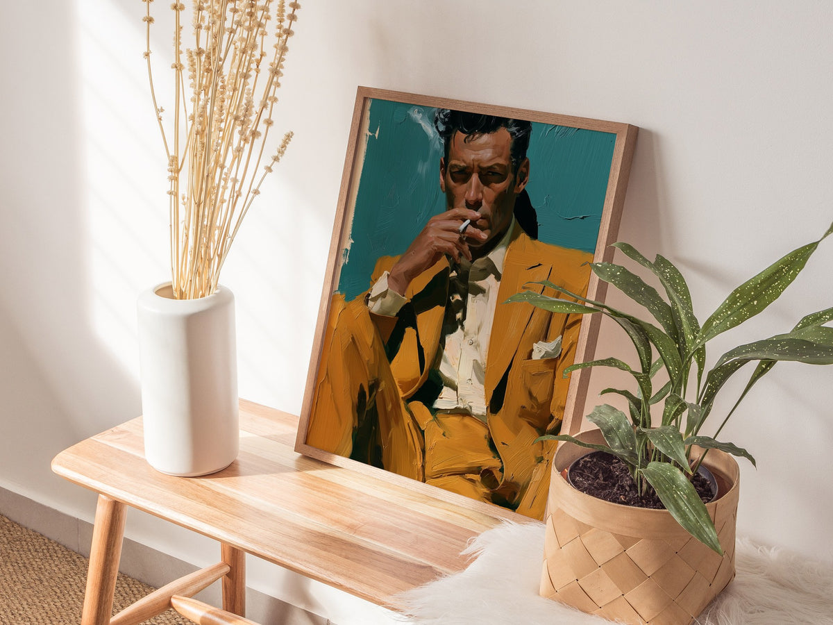Man Lights Cigarette Poster | Teal and Mustard Oil Painting Art Print | Mid-Century Modern Wall Art — styled in an interior