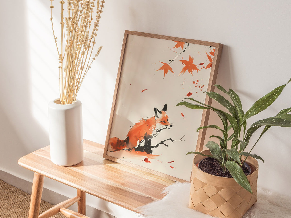 Autumn Visitor Poster | Rust and Sepia Japanese Watercolor Art Print | Minimalist Wall Art — styled in an interior