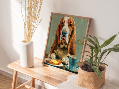 Hound Waits for Toast Poster | Tan and Cobalt Illustrative Art Print | Kitchen Wall Art — styled in an interior