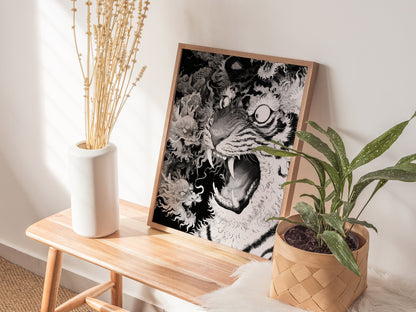 Tiger Plays Dragons Poster | Cream and Black Pen and Ink Art Print | Dark Fantasy Wall Art — styled in an interior