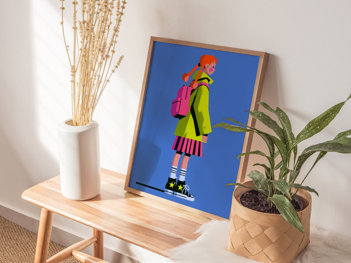 Girl in Green Hat Poster | Neon Brights Flat Design Art Print | Kids Room Wall Art — styled in an interior