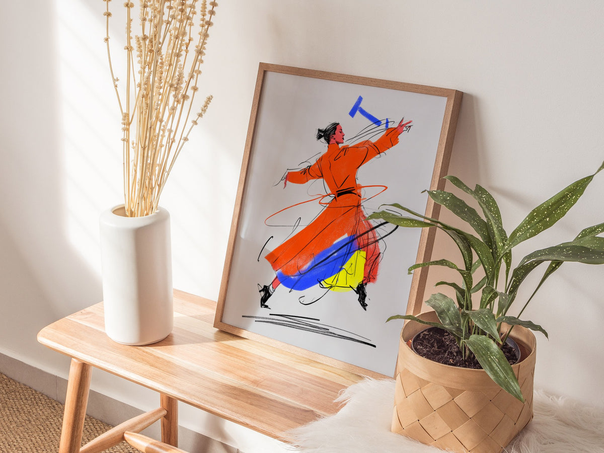 Dancer Breaks Free Poster | Pink and Orange Illustrative Art Print | Dance Studio Wall Art — styled in an interior