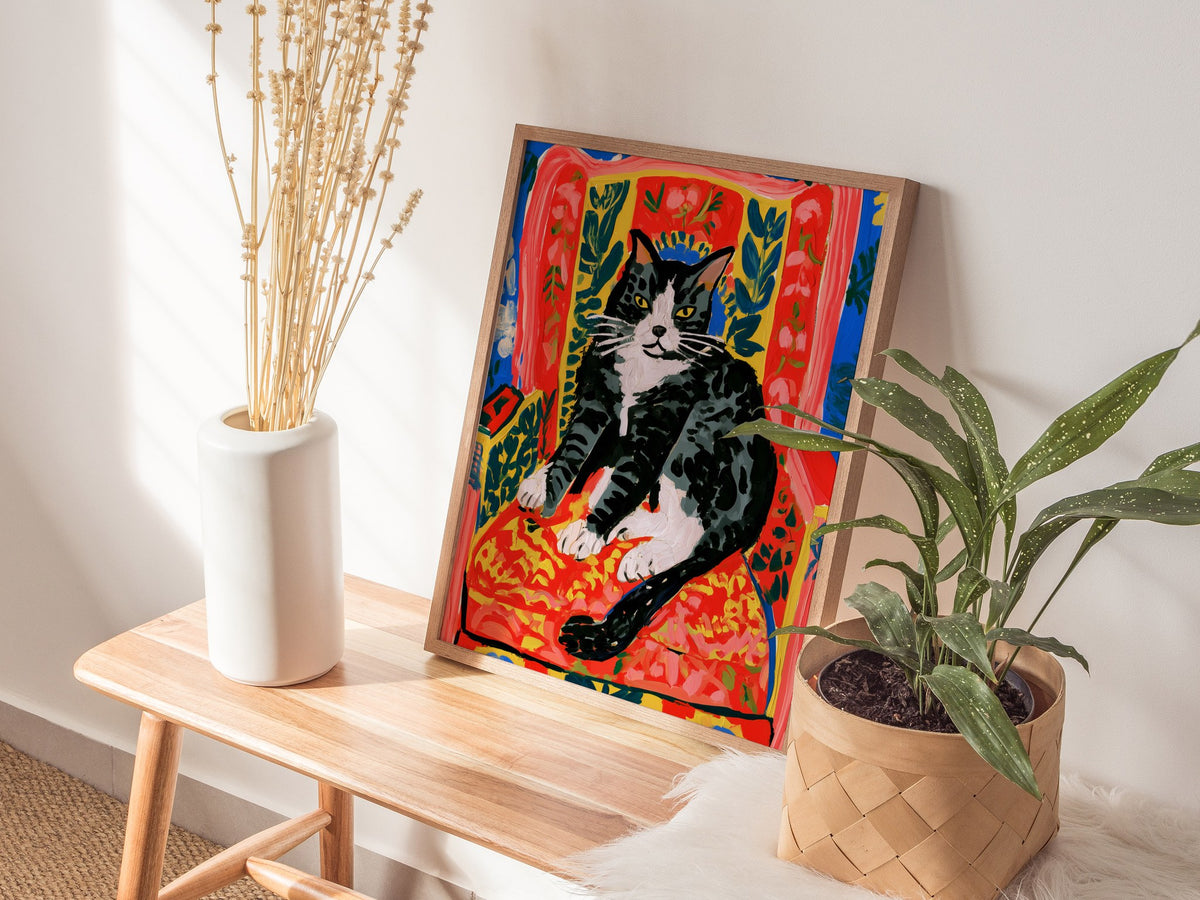 Cat Claims Chair Poster | Cobalt and Red Matisse Style Art Print | Cat Lover Wall Art — styled in an interior