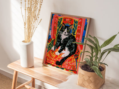 Cat Claims Chair Poster | Cobalt and Red Matisse Style Art Print | Cat Lover Wall Art — styled in an interior
