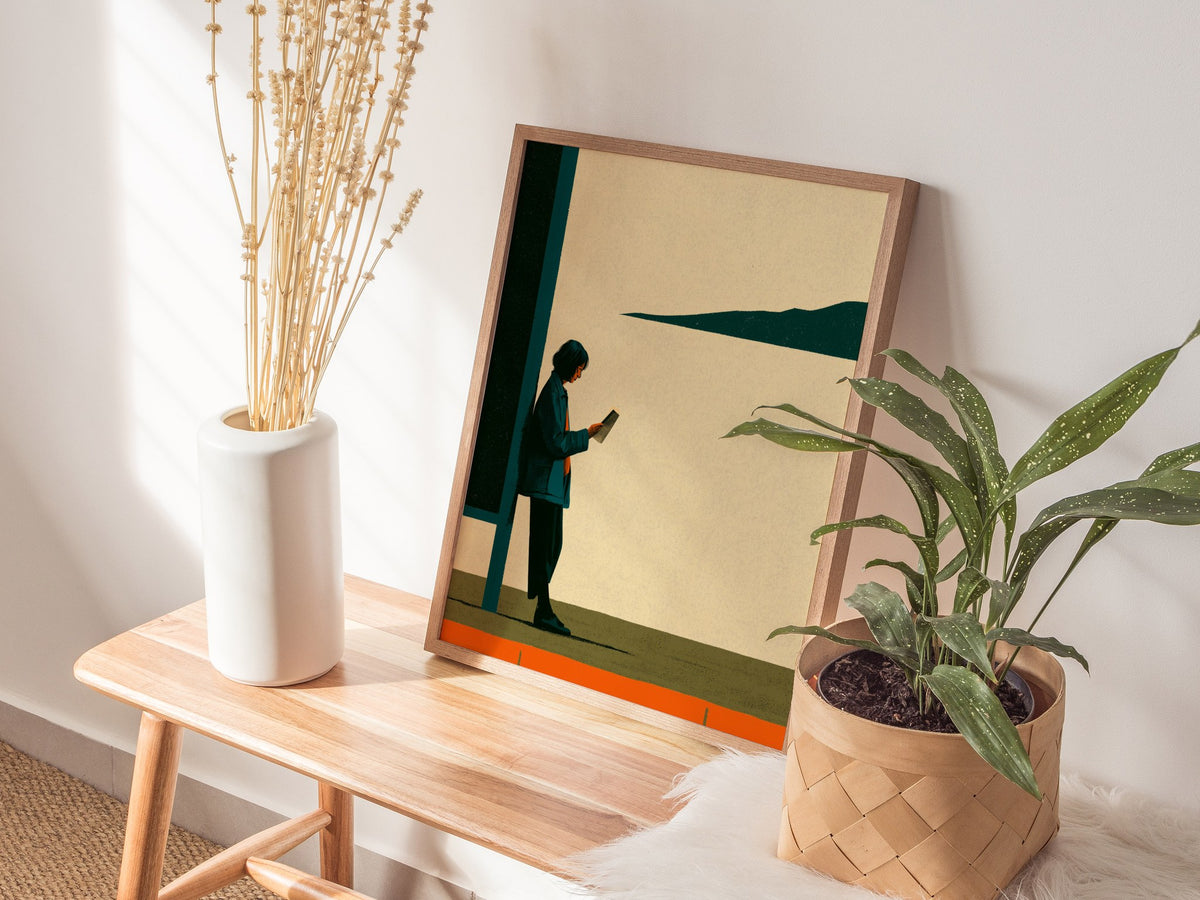 Woman Waits Morning Poster | Teal and Orange Illustrative Art Print | Urban Minimalist Wall Art — styled in an interior