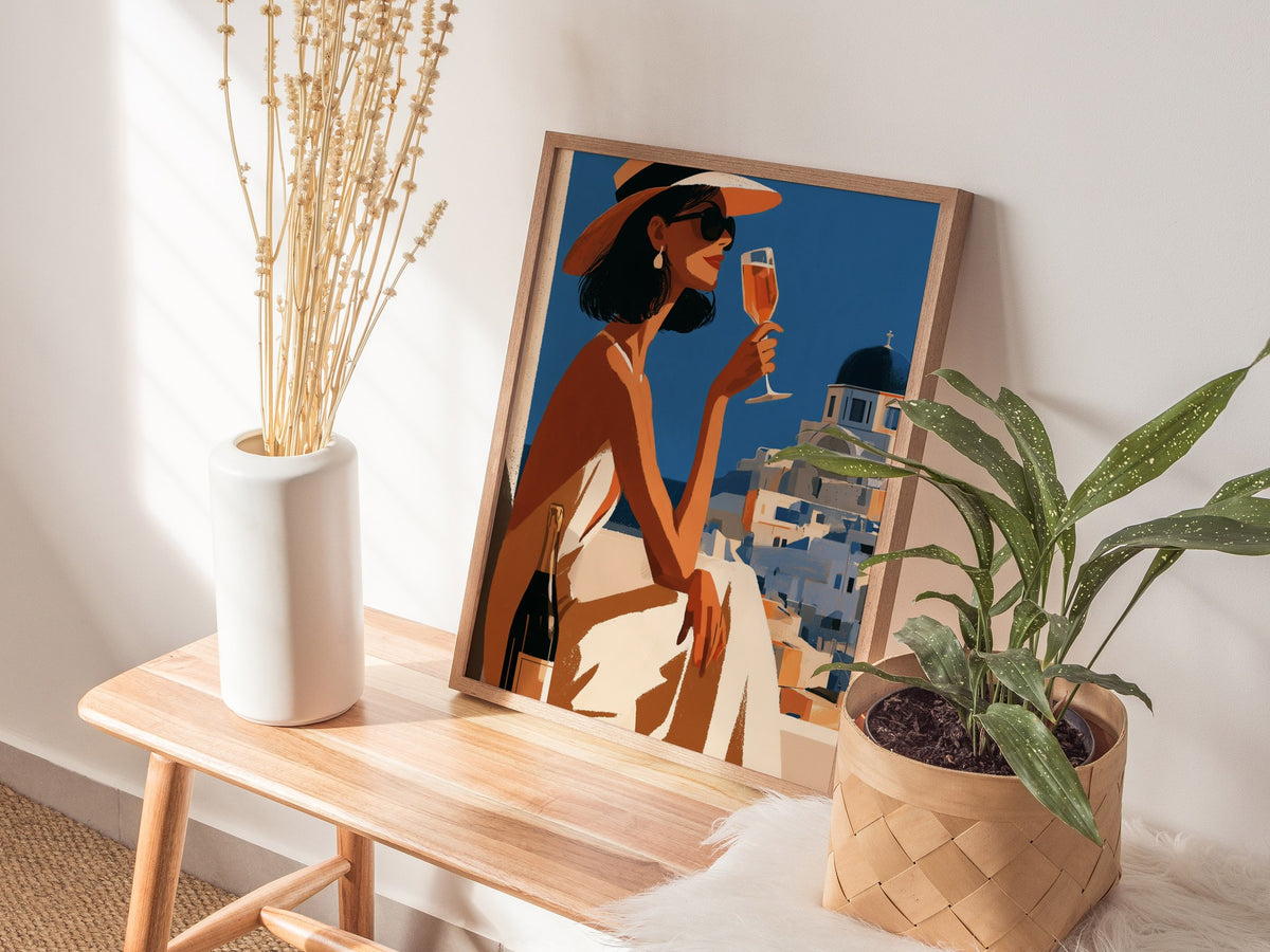 Woman Sips Santorini Poster | Terracotta and Cobalt Illustrative Art Print | Mediterranean Travel Wall Art — styled in an int