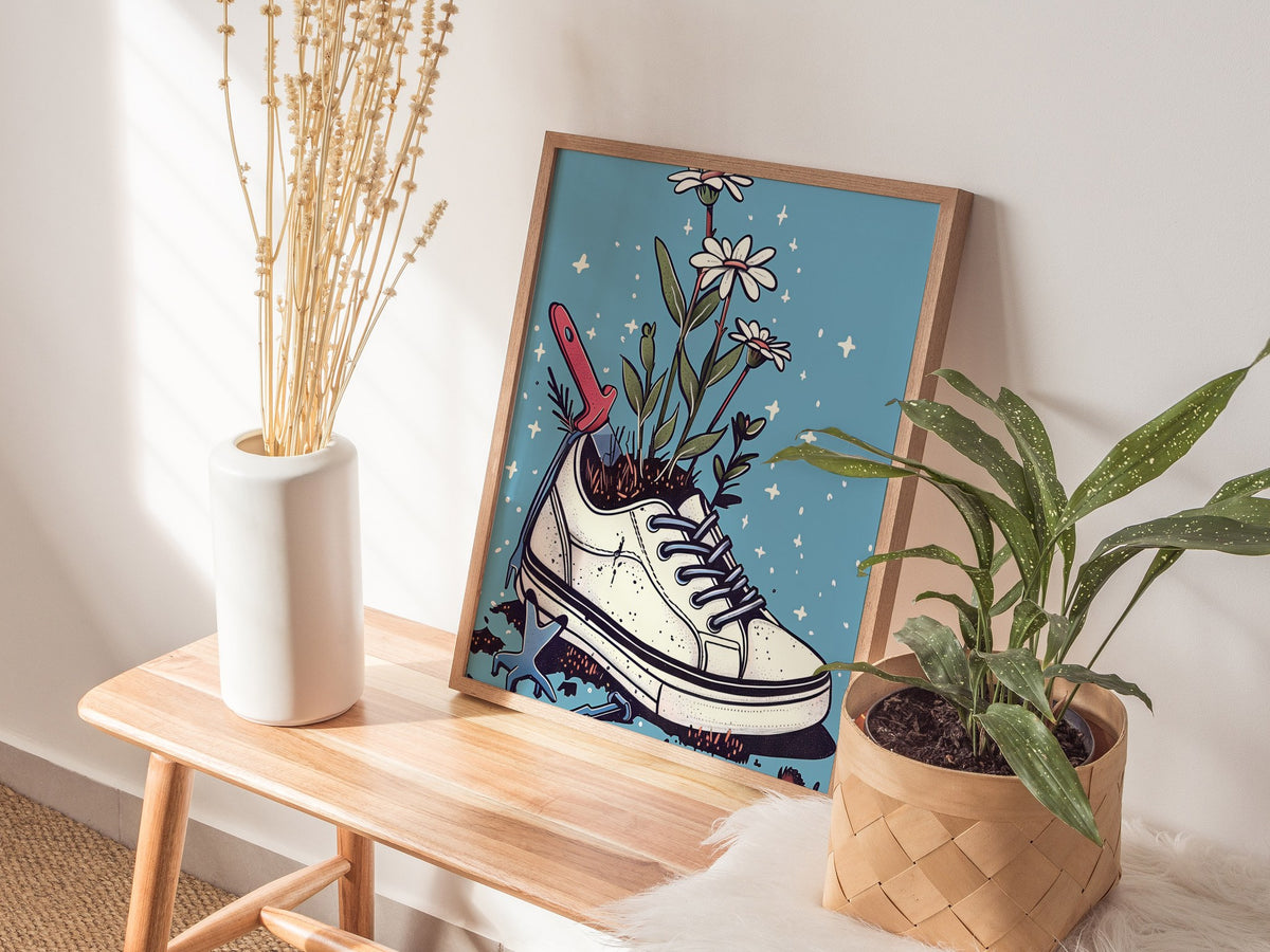 Sneaker Garden Poster | Blue and Coral Illustrative Art Print | Plant Lover Wall Art — styled in an interior