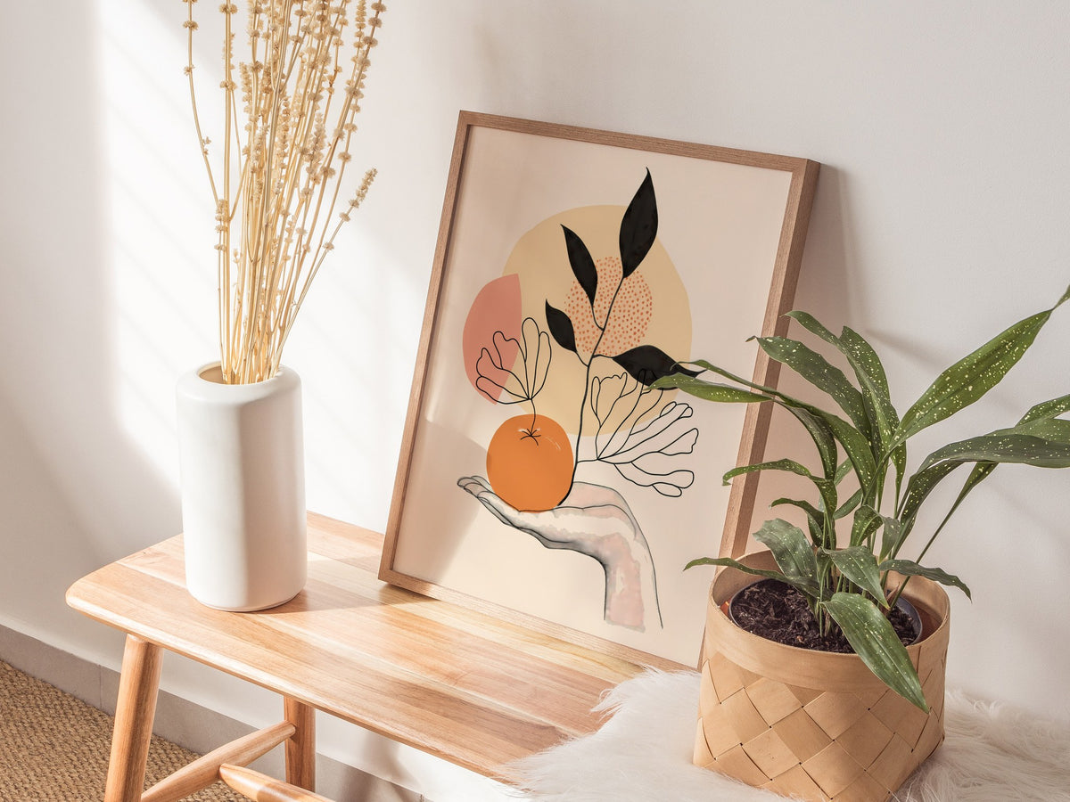 Hand Holds Peach Poster | Peach and Coral Minimalism Art Print | Minimalist Kitchen Wall Art — styled in an interior