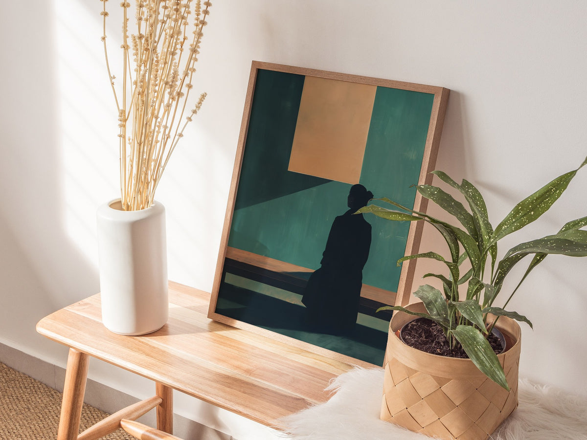 Gallery Visitor Poster | Teal and Cream Flat Design Art Print | Minimalist Wall Art — styled in an interior