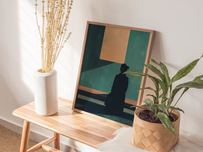 Gallery Visitor Poster | Teal and Cream Flat Design Art Print | Minimalist Wall Art — styled in an interior