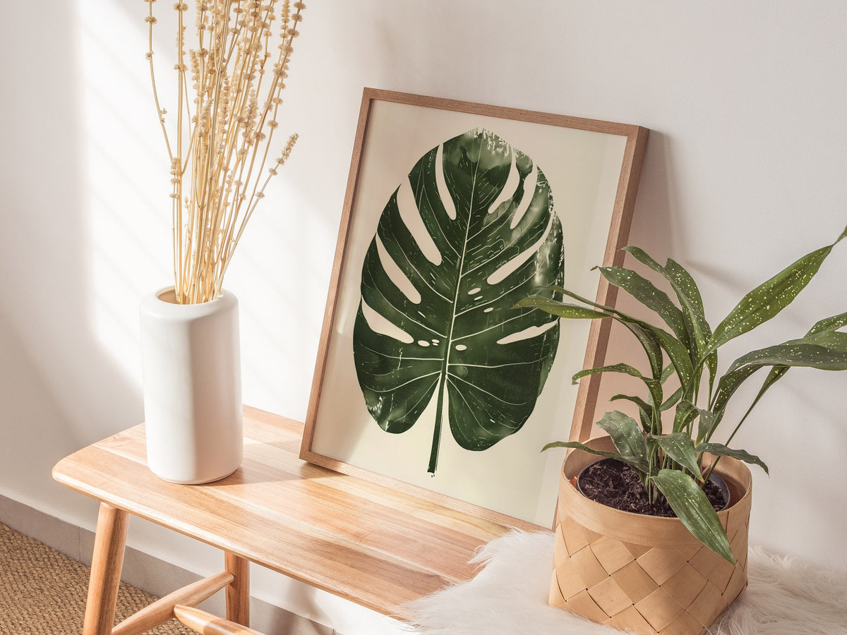 Monstera Leaf Grid Poster | Forest Green Screen Print Art Print | Botanical Wall Art — styled in an interior