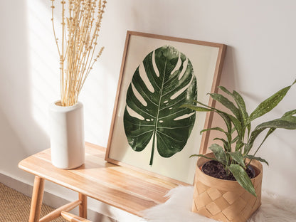 Monstera Leaf Grid Poster | Forest Green Screen Print Art Print | Botanical Wall Art — styled in an interior