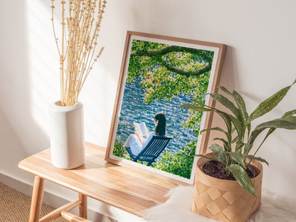 Reader by Water Poster | Blue and Yellow-Green Japanese Watercolor Art Print | Contemplative Readers Wall Art — styled in an