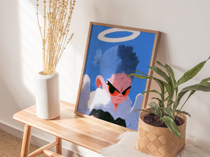 Fallen Angel Scowls Poster | Periwinkle and Orange Screen Print Art Print | Dark Fantasy Wall Art — styled in an interior