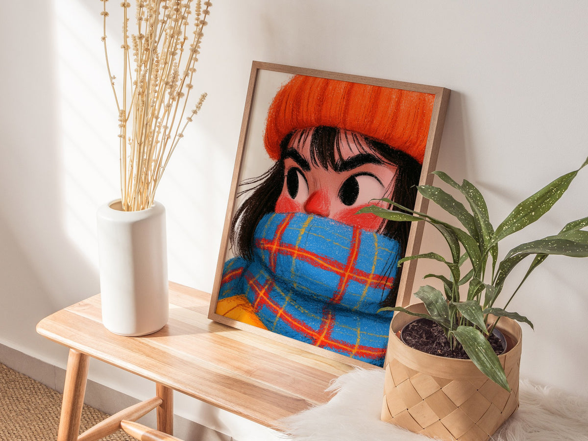 Girl Bundles Up Poster | Orange and Blue Illustrative Art Print | Kids Room Wall Art — styled in an interior