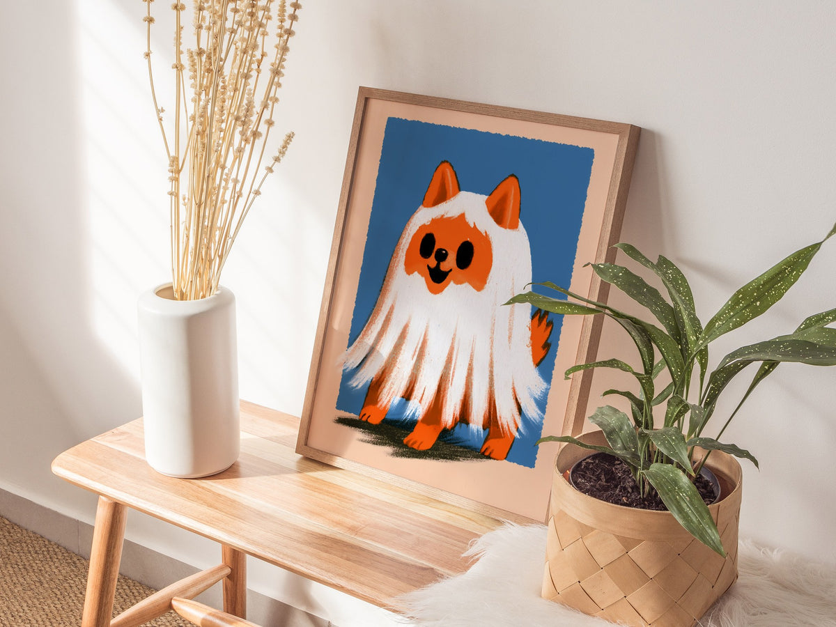 Ghost Dog Poster | Orange and Cobalt Illustrative Art Print | Kids Room Wall Art — styled in an interior
