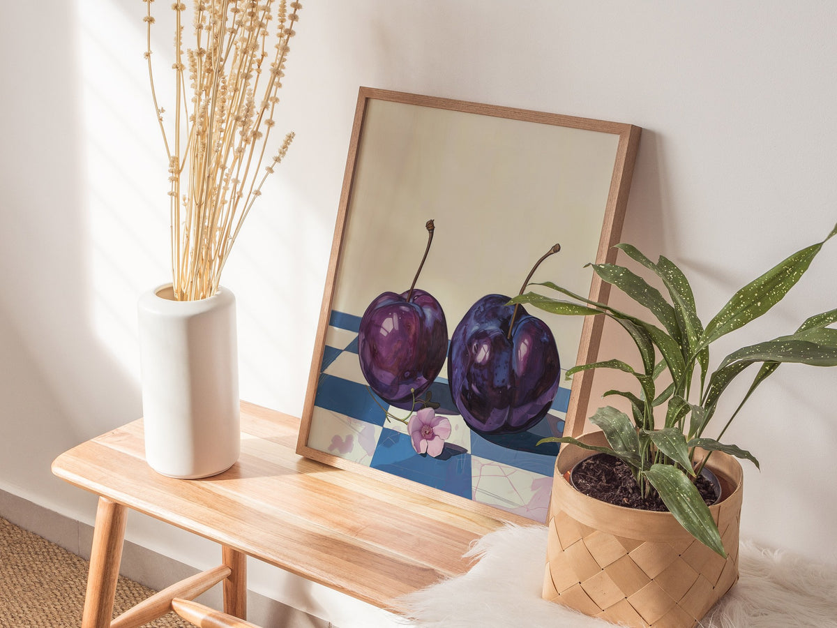 plums-on-checkerboard Poster | Purple and Cream Illustrative Art Print | Kitchen Wall Art — styled in an interior