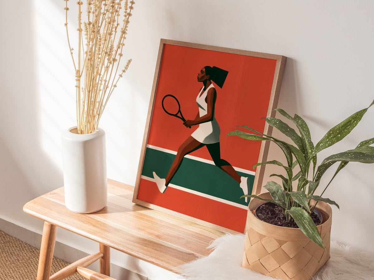 Clay Court Stride Poster | Coral and Green Illustrative Art Print | Tennis Wall Art — styled in an interior