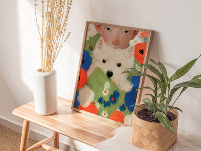 Boy With Westie Poster | Blue and Green Illustrative Art Print | Contemporary Wall Art — styled in an interior