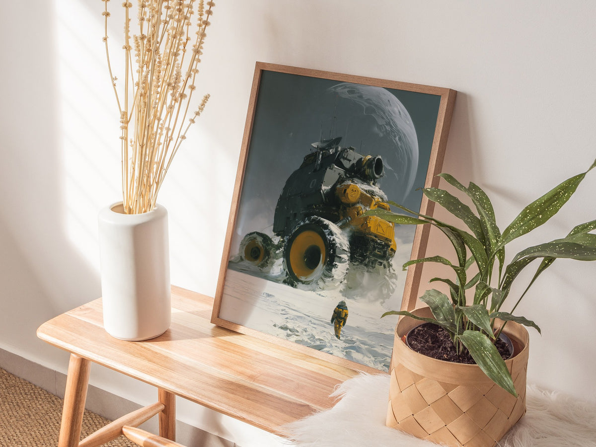 Rover Dwarfs Explorer Poster | Gray and Yellow Oil Painting Art Print | Sci-Fi Wall Art — styled in an interior