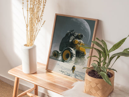 Rover Dwarfs Explorer Poster | Gray and Yellow Oil Painting Art Print | Sci-Fi Wall Art — styled in an interior