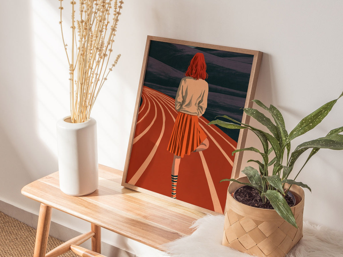 Athlete Reaches Skyward Poster | Rust and Orange Illustrative Art Print | Athletes Wall Art — styled in an interior