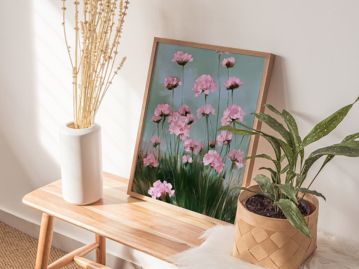 Thrift Blooms Sage Poster | Pink and Sage Oil Painting Art Print | Cottagecore Wall Art — styled in an interior