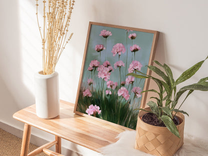 Thrift Blooms Sage Poster | Pink and Sage Oil Painting Art Print | Cottagecore Wall Art — styled in an interior