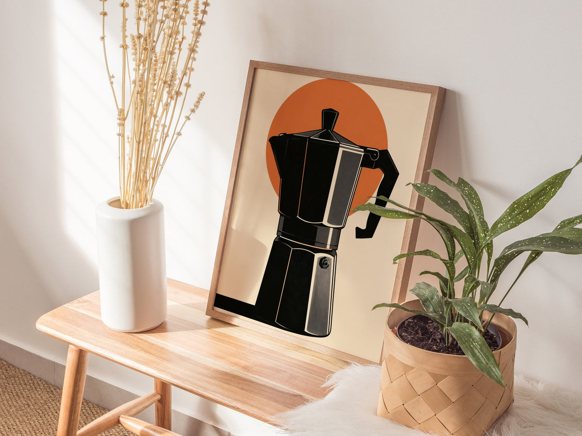 Espresso Machine Icon Poster | Burnt Orange Minimalism Art Print | Kitchen Wall Art — styled in an interior