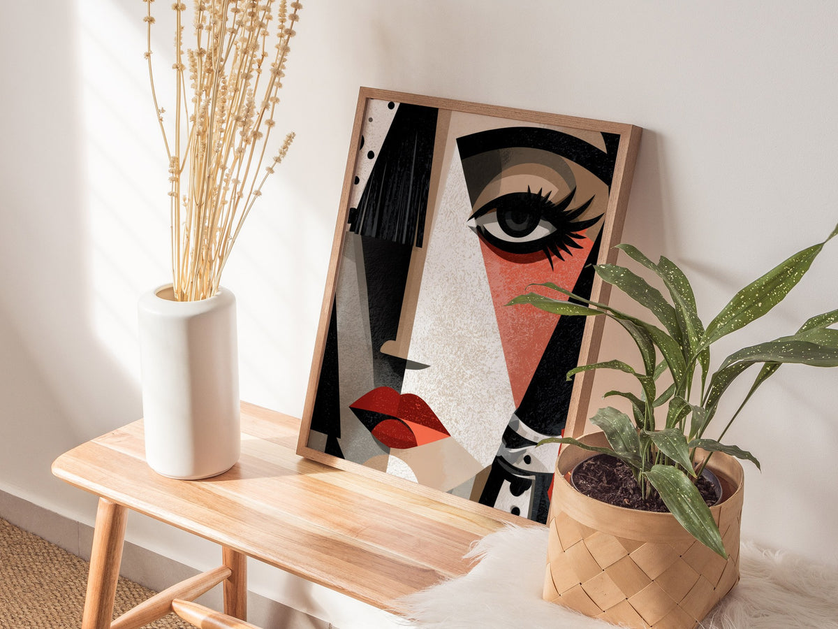 Cubist Woman Watches Poster | Black and Orange Abstract Art Print | Modernist Wall Art — styled in an interior