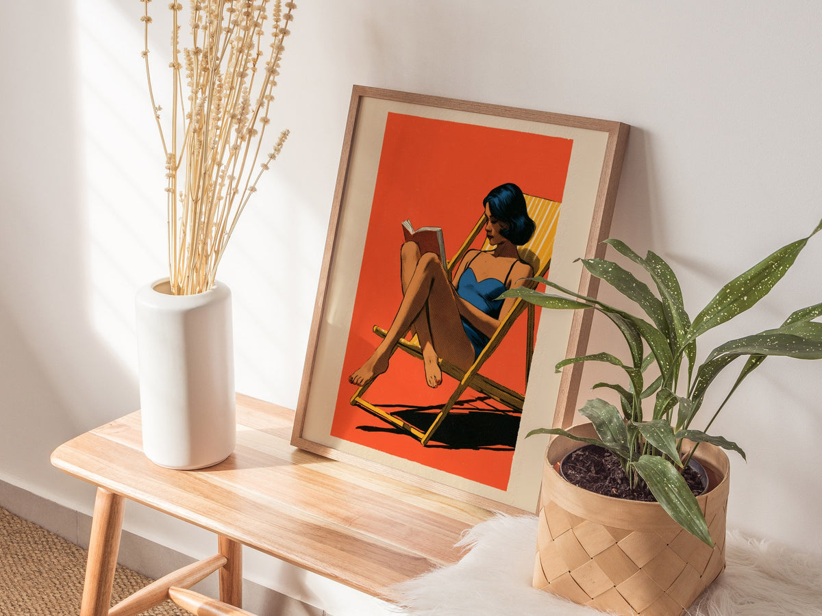 Deck Chair Reader Poster | Yellow Blue Coral Screen Print Art Print | Beach House Wall Art — styled in an interior