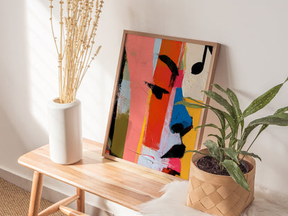 High Note Poster | Coral and Cobalt Abstract Art Print | Music Lover Wall Art — styled in an interior