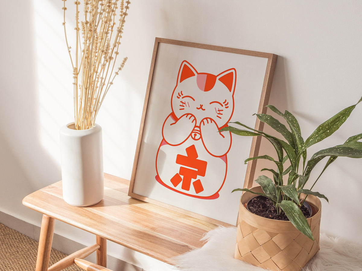 Maneki-neko Cat Poster | Wildlife Art Print — styled in an interior