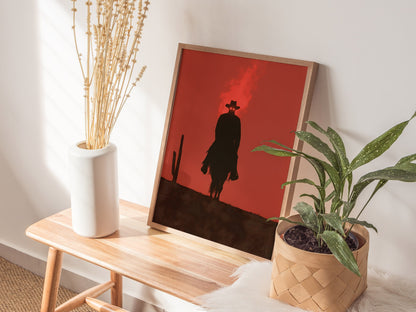 Burning Rider Poster | Coral and Slate Screen Print Art Print | Western Wall Art — styled in an interior