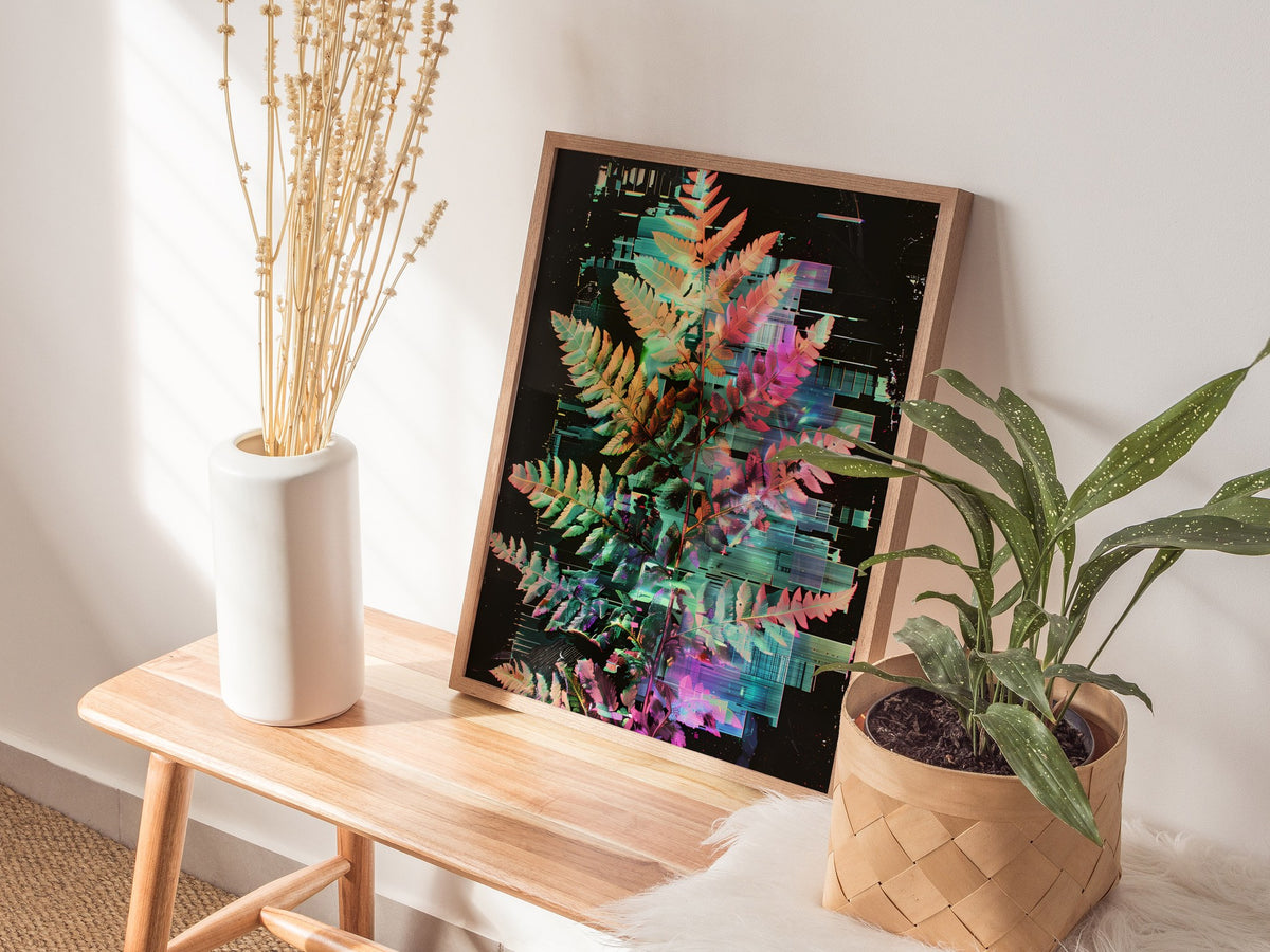 Glitch Fern Poster | Cyan and Magenta Abstract Art Print | Digital Art Wall Art — styled in an interior