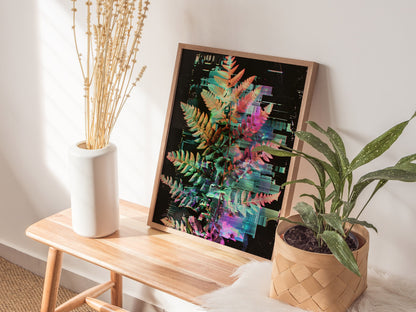 Glitch Fern Poster | Cyan and Magenta Abstract Art Print | Digital Art Wall Art — styled in an interior