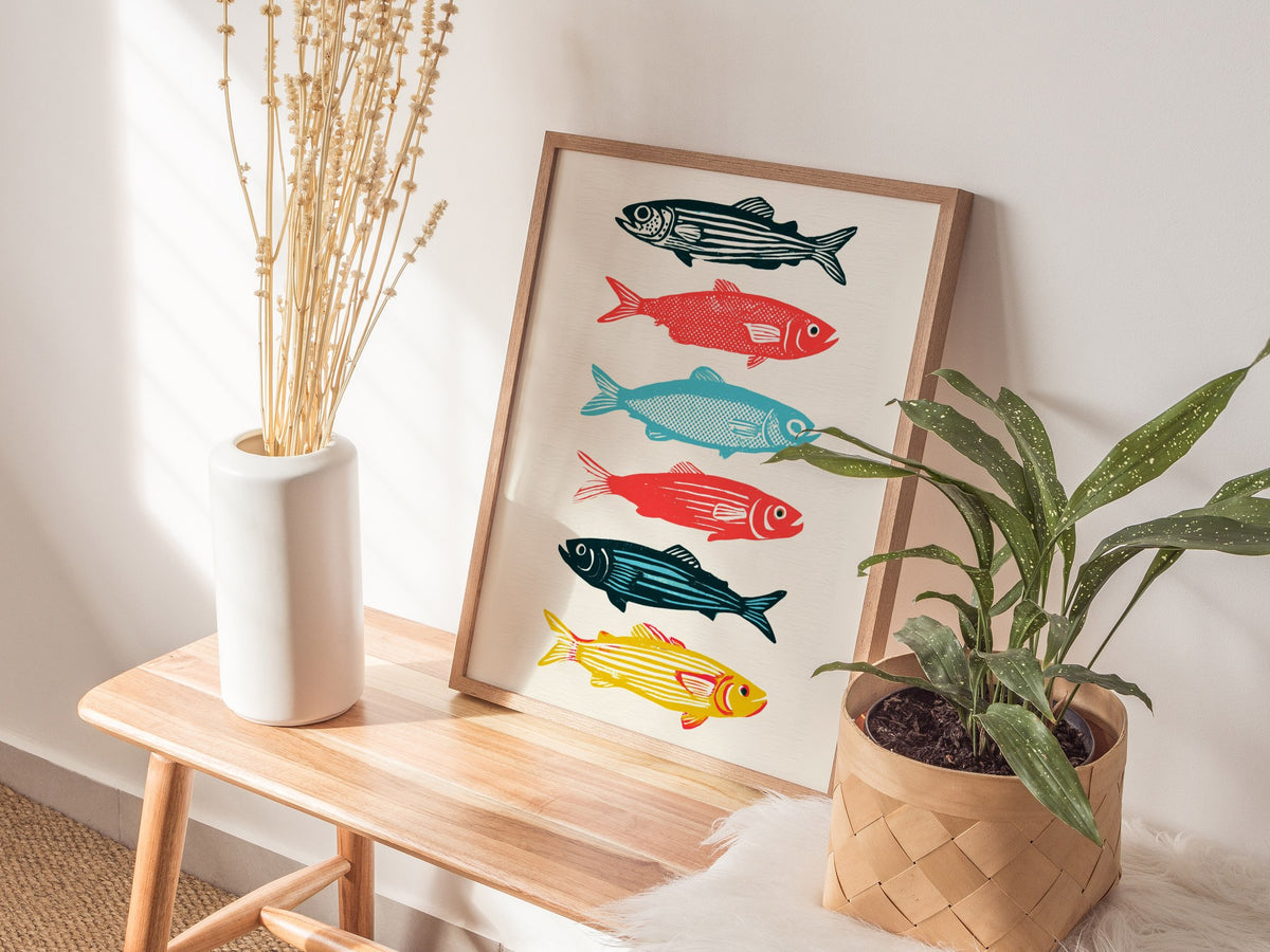 six-swimming-fish Poster | Teal and Coral Screen Print Art Print | Coastal Wall Art — styled in an interior